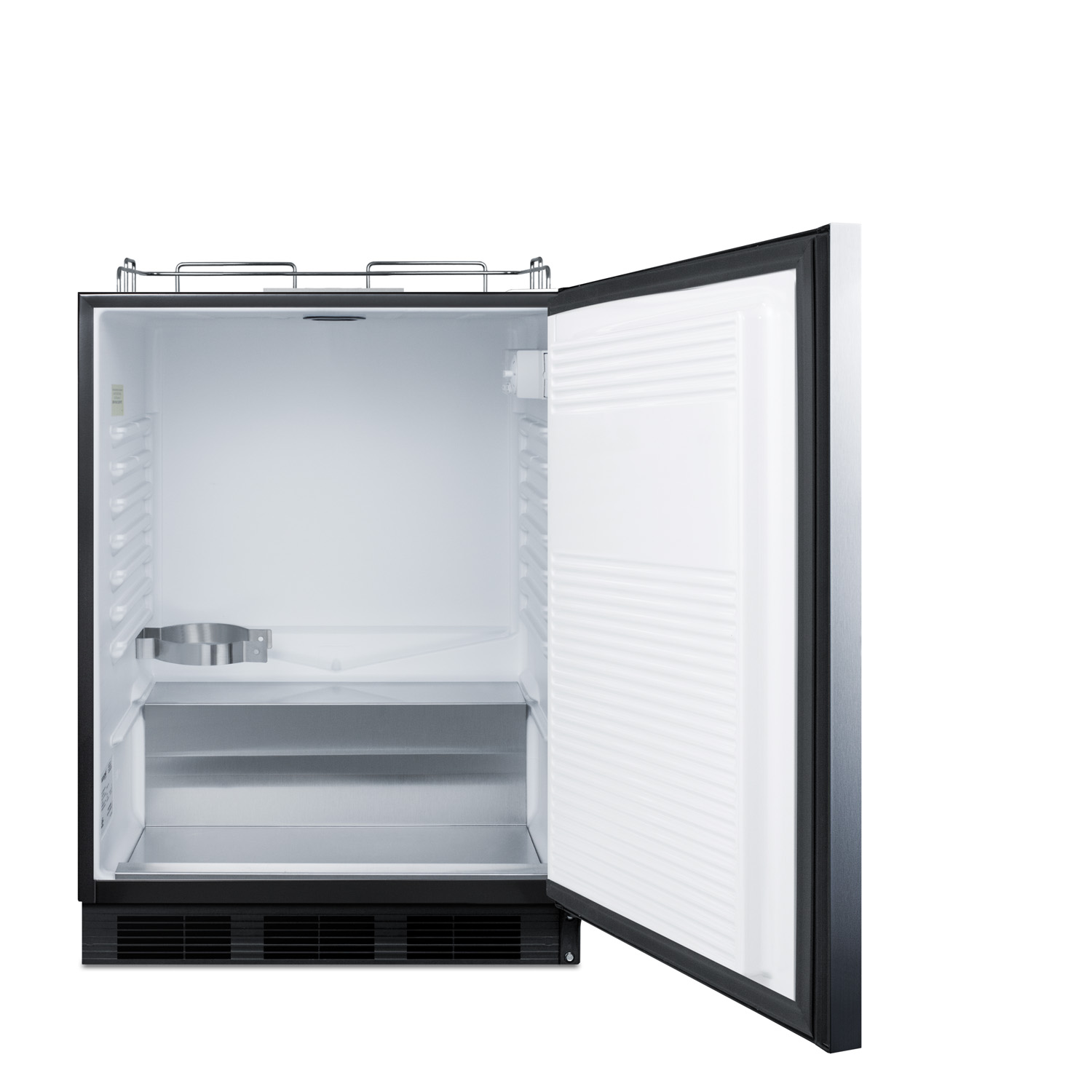 Built-in undercounter ADA height commercially listed kegerator with stainless steel wrapped door and black cabinet; no tapping equipment included